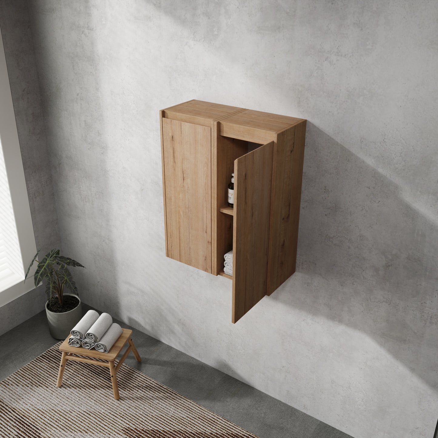 Wallmounted oak vanity cabinet with open door revealing towels and bottles