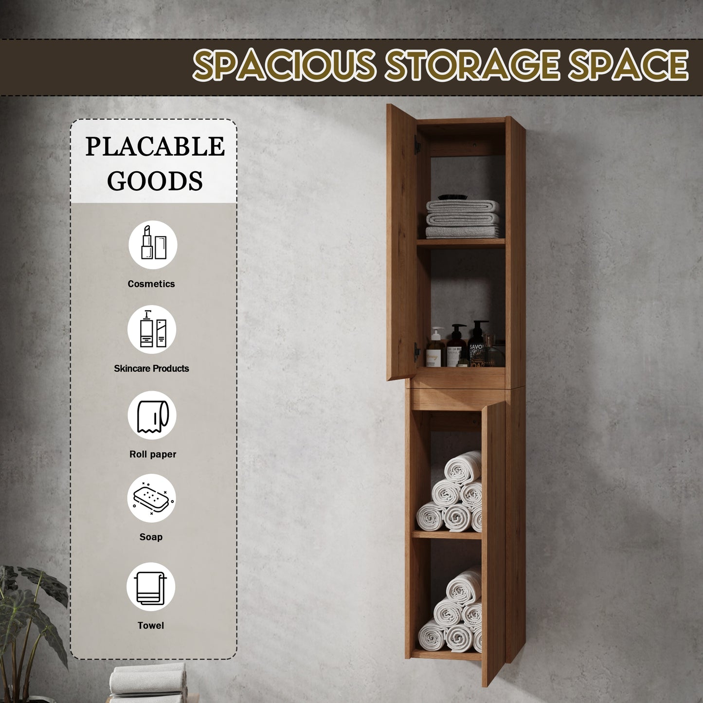 Tall wooden bathroom cabinet with open door displaying rolled towels and toiletries