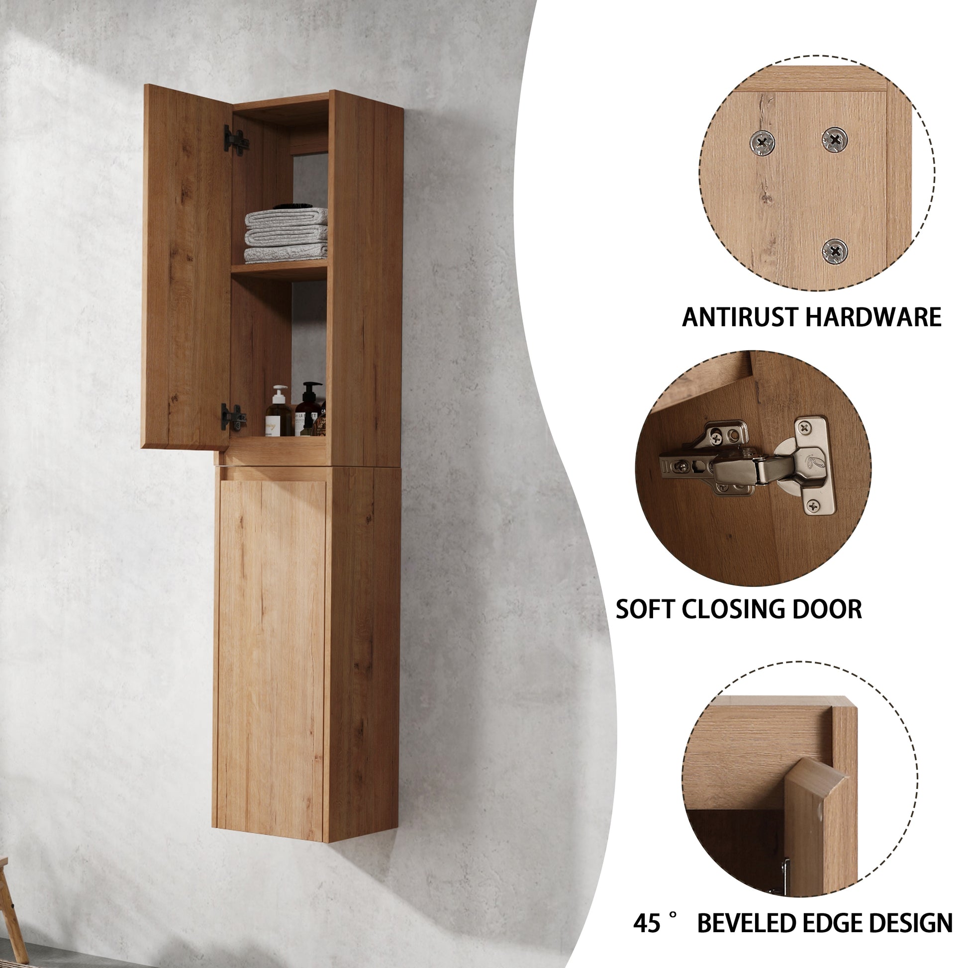 Tall slender oak veneer bathroom cabinet with two doors and interior shelving
