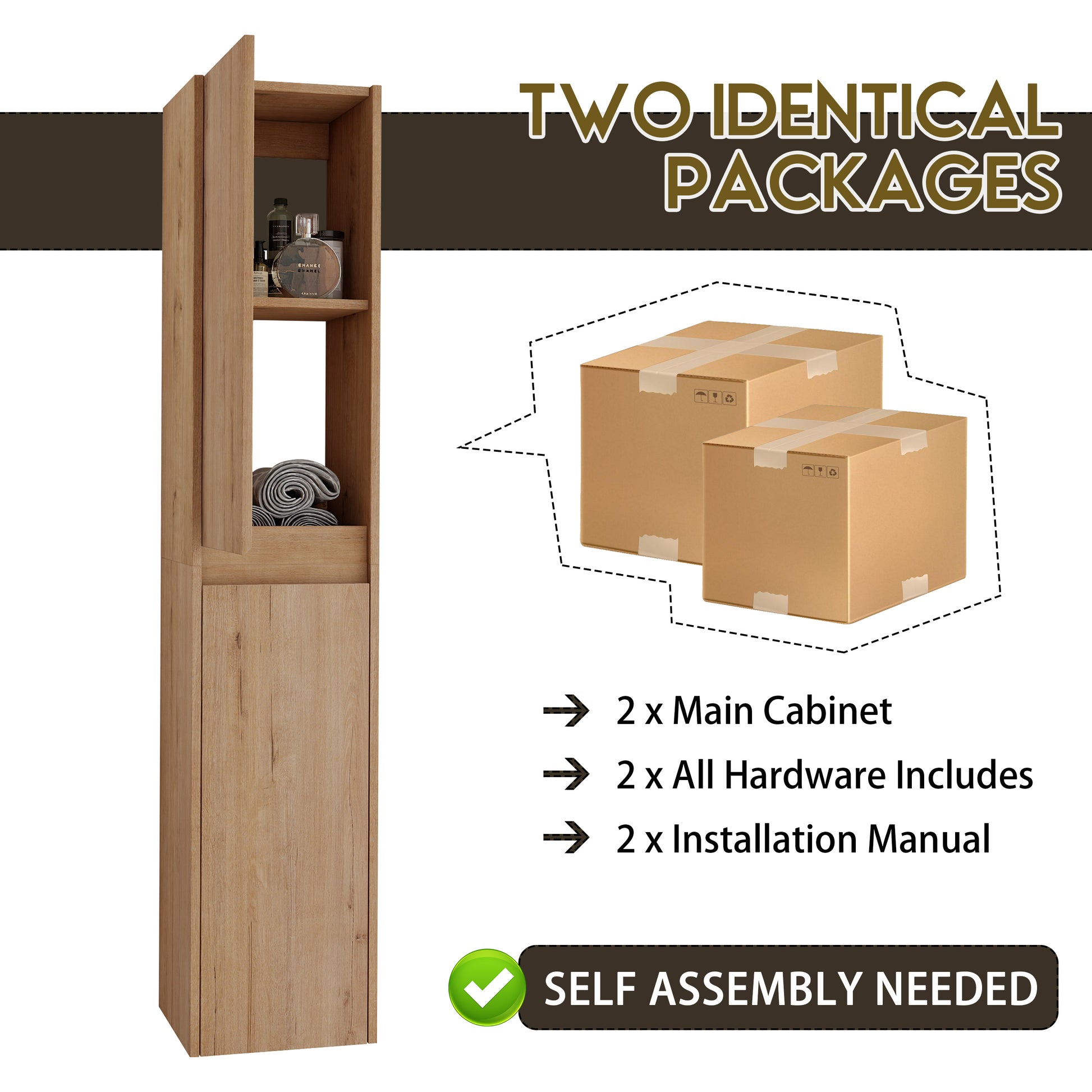 Light oak wood tall bathroom cabinet with open shelving and a closed compartment perfect for storage
