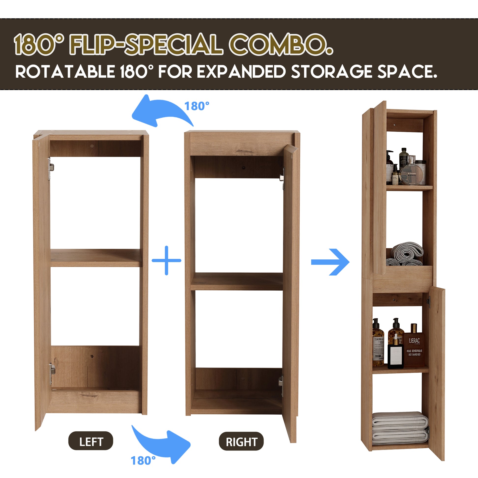 Light oak bathroom vanity cabinet with open door showing shelves and storage