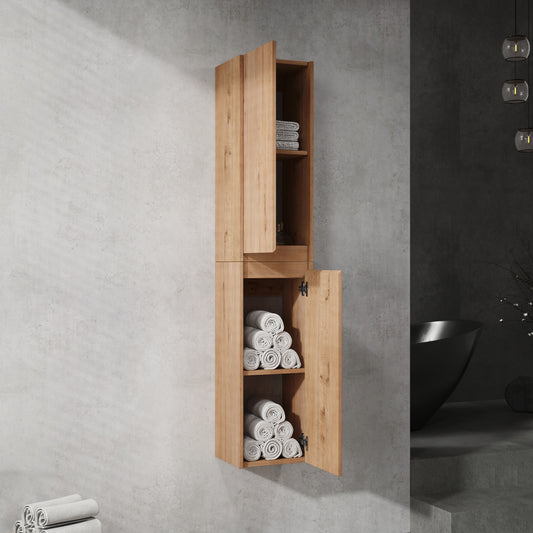 Tall wooden bathroom cabinet with open doors showcasing rolled white towels and a decorative bottle