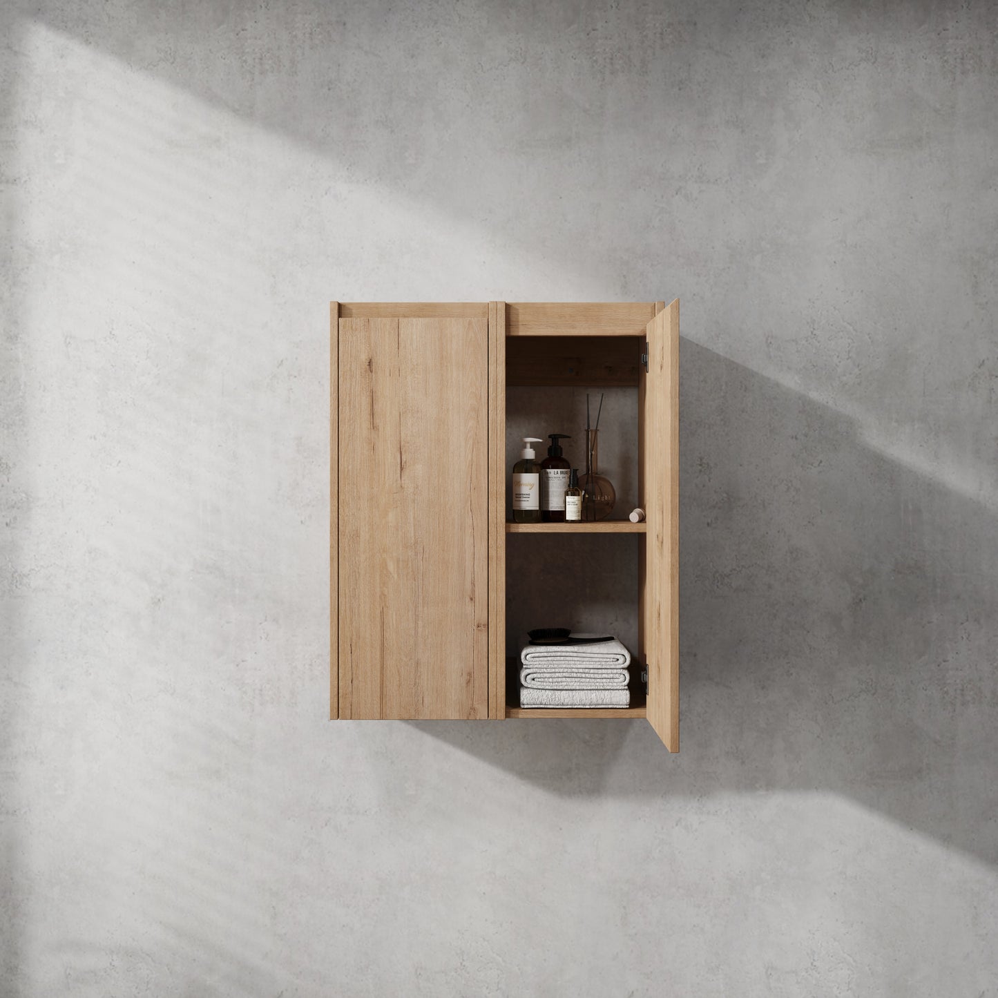 Wooden wallmounted bathroom cabinet with two doors and open shelving