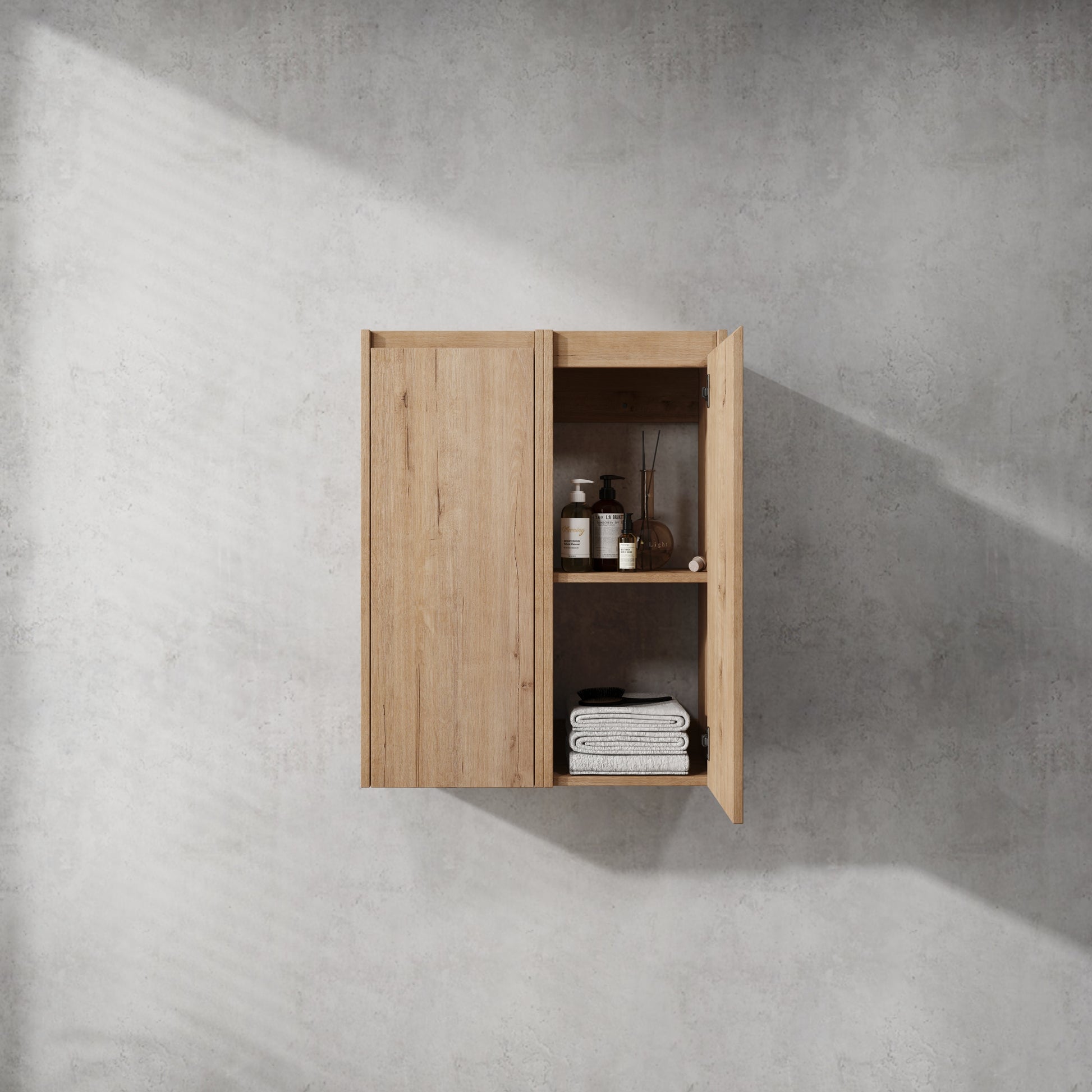 Wooden wallmounted bathroom cabinet with two doors and open shelving