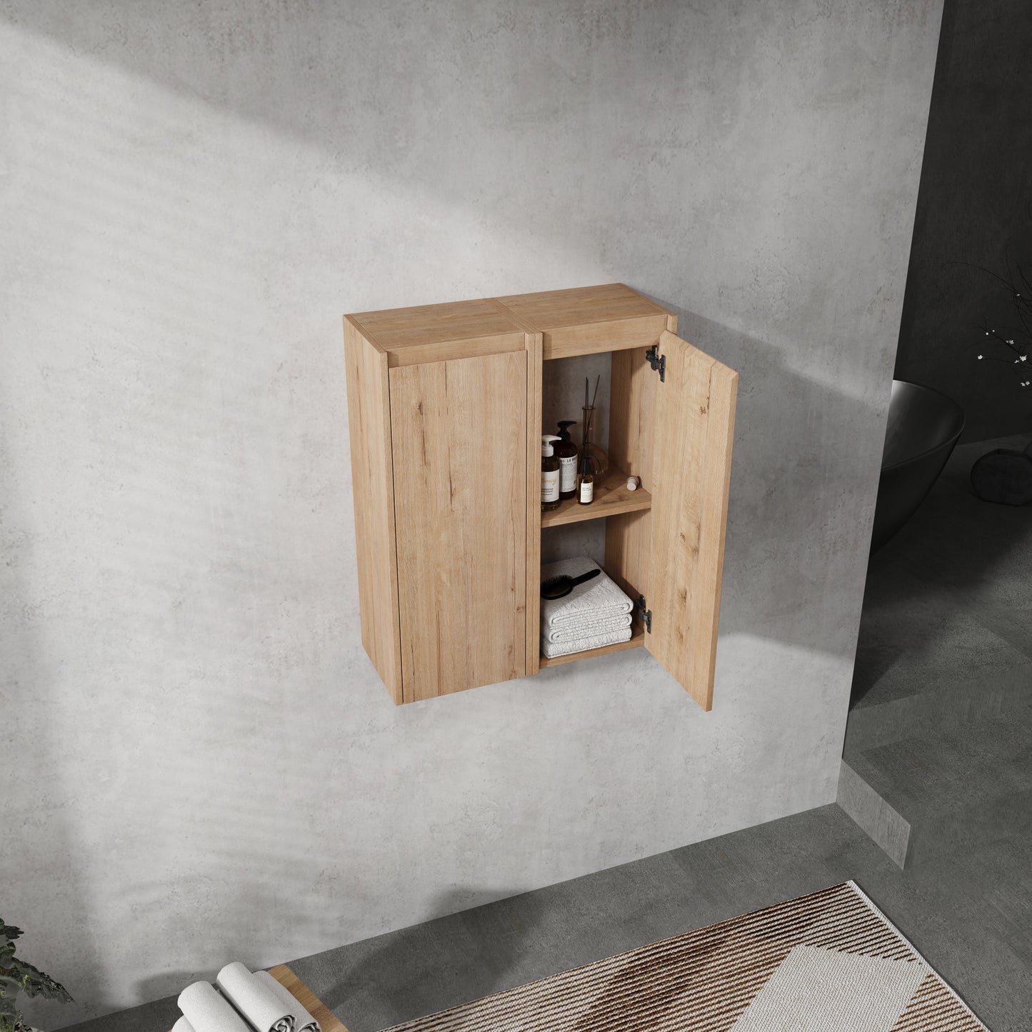 Compact oak bathroom wall cabinet with two doors and open shelf storing toiletries