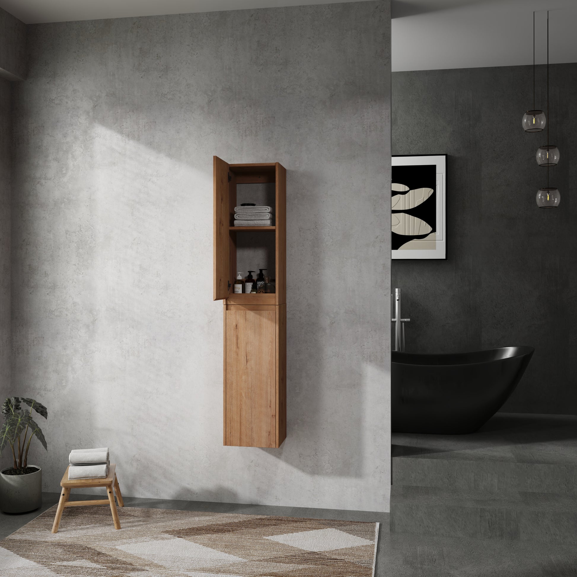 Tall wooden bathroom cabinet with open shelves holding towels and toiletries