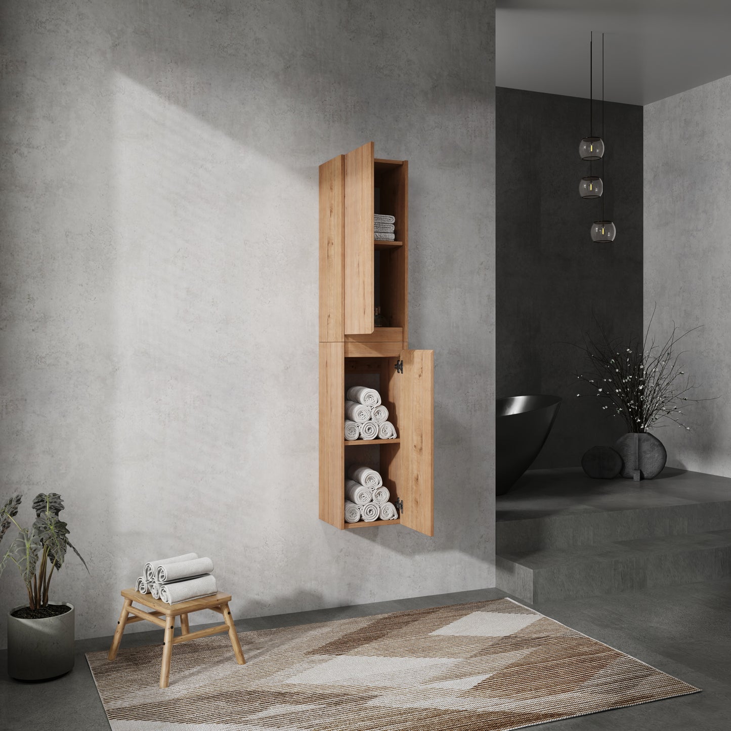 Open wooden vanity cabinet displaying neatly rolled white towels and a perfume bottle
