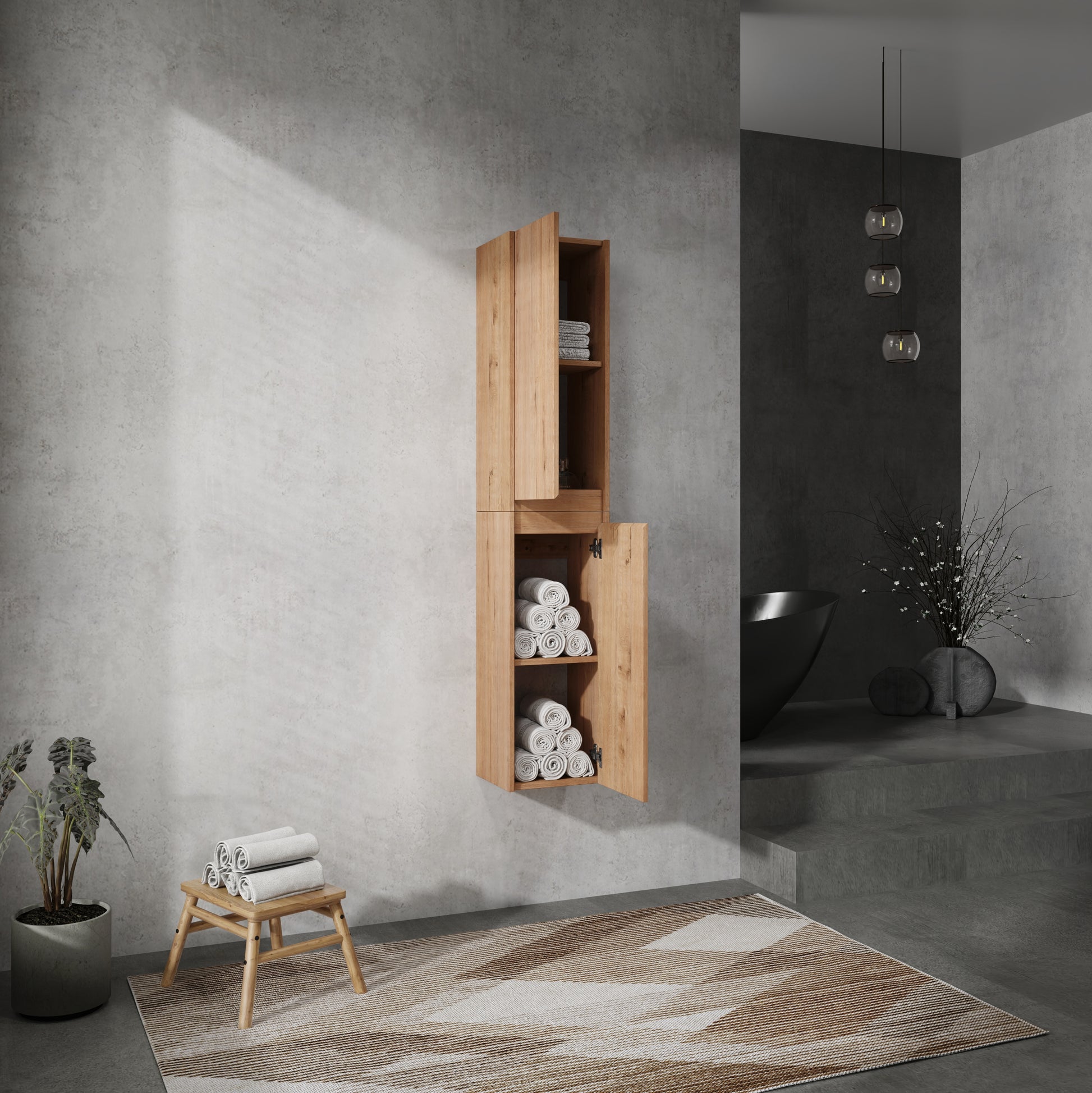 Open wooden vanity cabinet displaying neatly rolled white towels and a perfume bottle