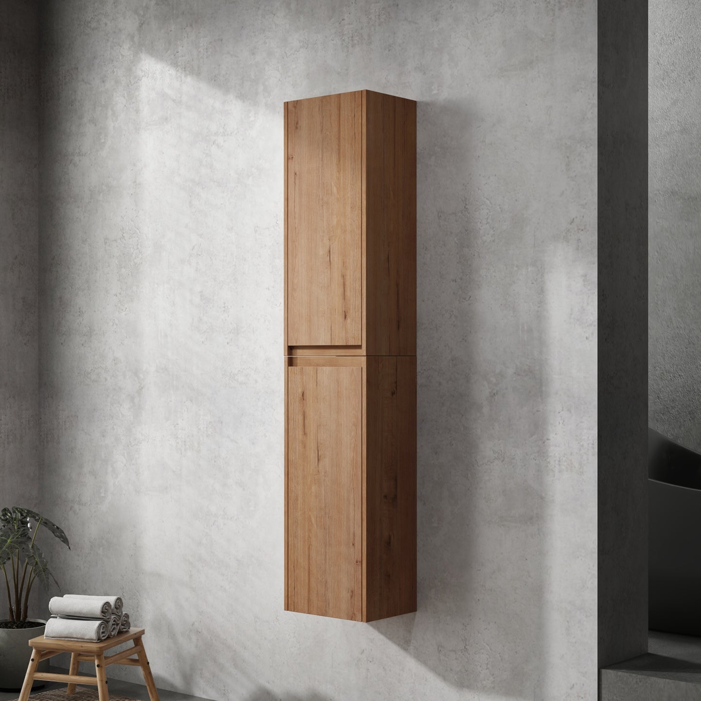 Tall wooden bathroom cabinet with two doors mounted on a textured concrete wall