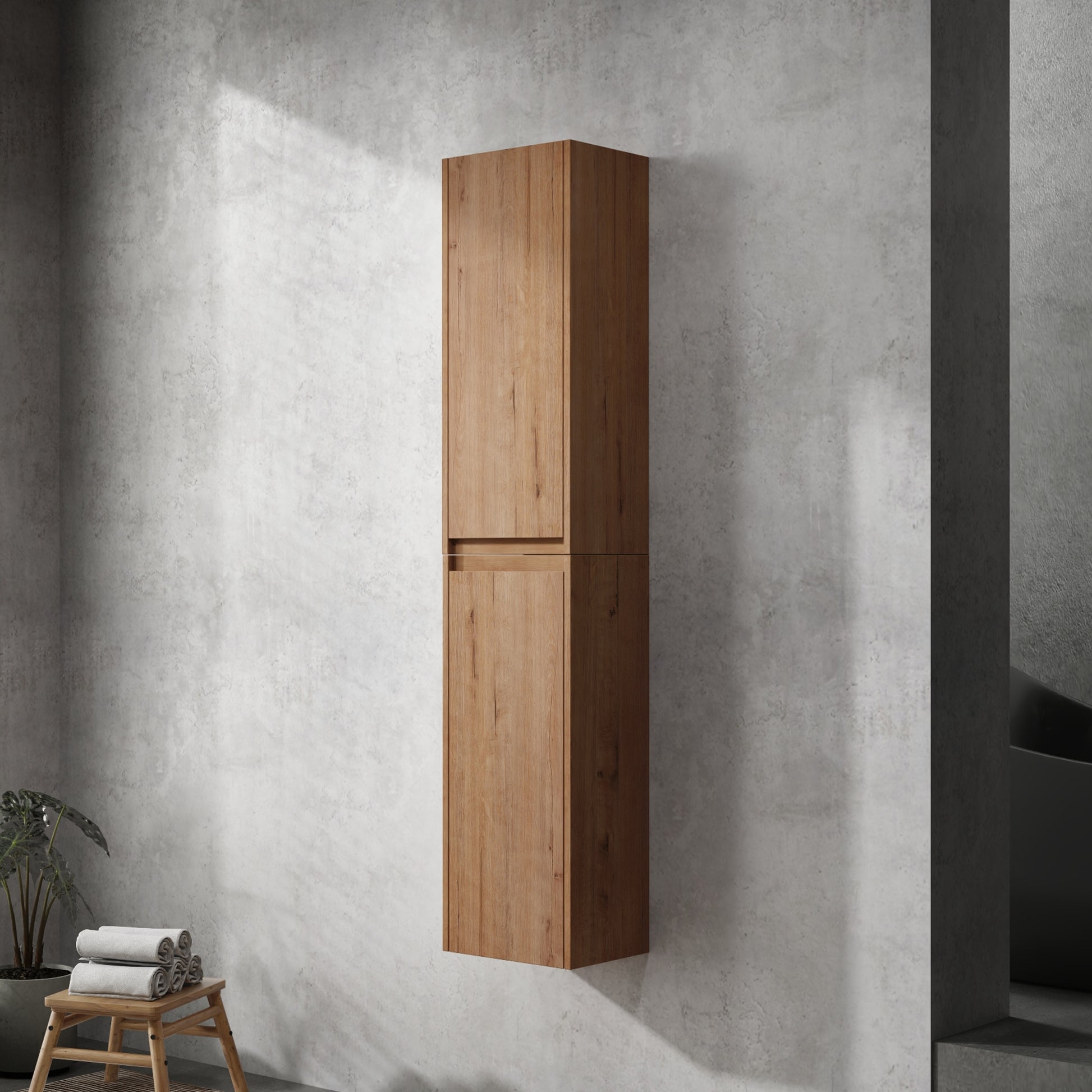 Tall wooden bathroom cabinet with two doors mounted on a textured concrete wall