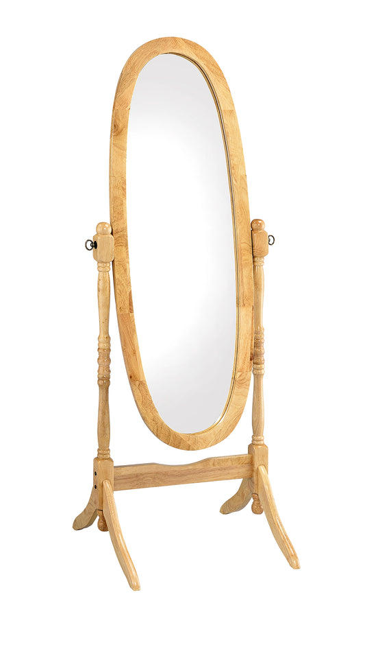 Oval cheval mirror with natural wood frame and ornate stand perfect for bedroom decor