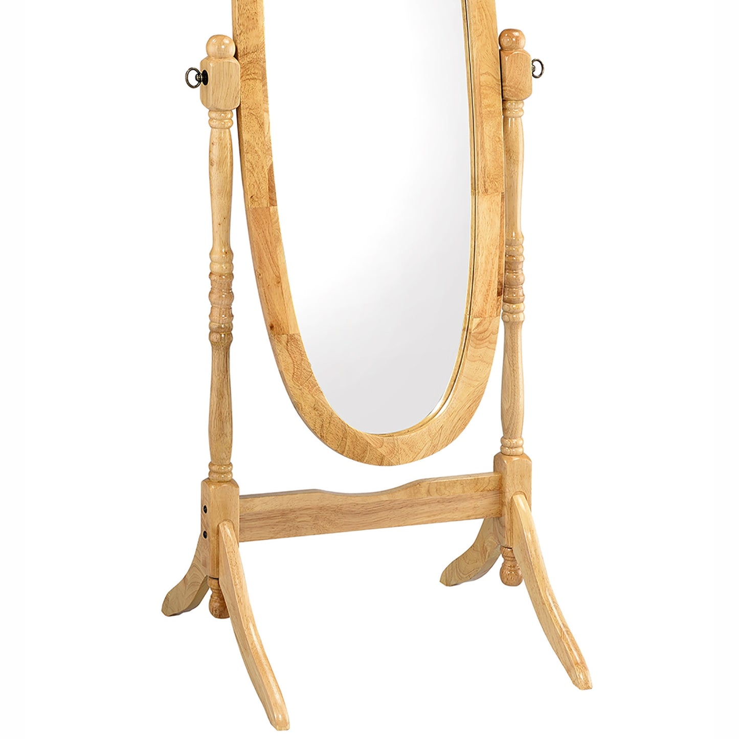 Oval standing cheval mirror with natural wood frame and carved details