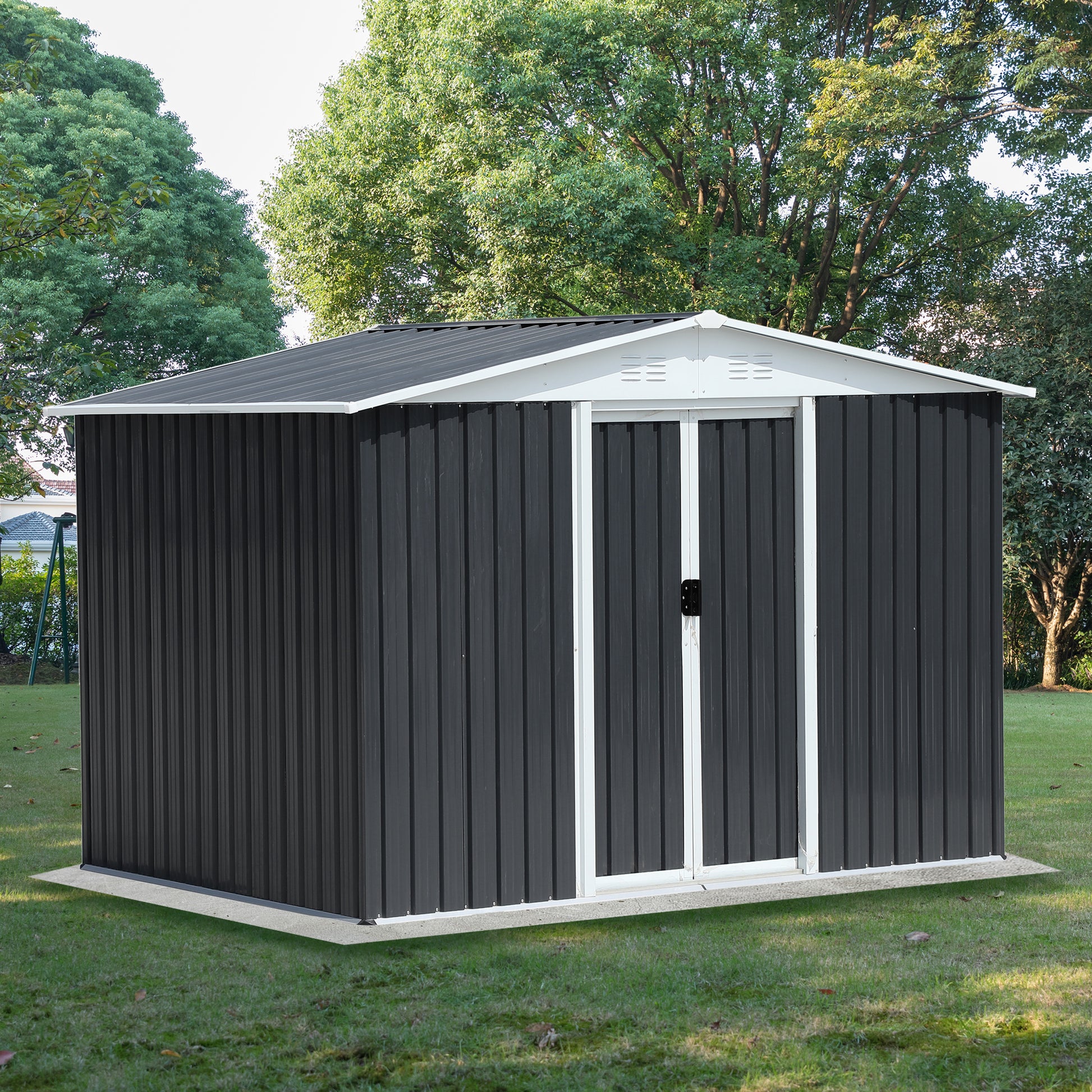 Dark gray metal garden shed with white trim and double doors providing outdoor storage