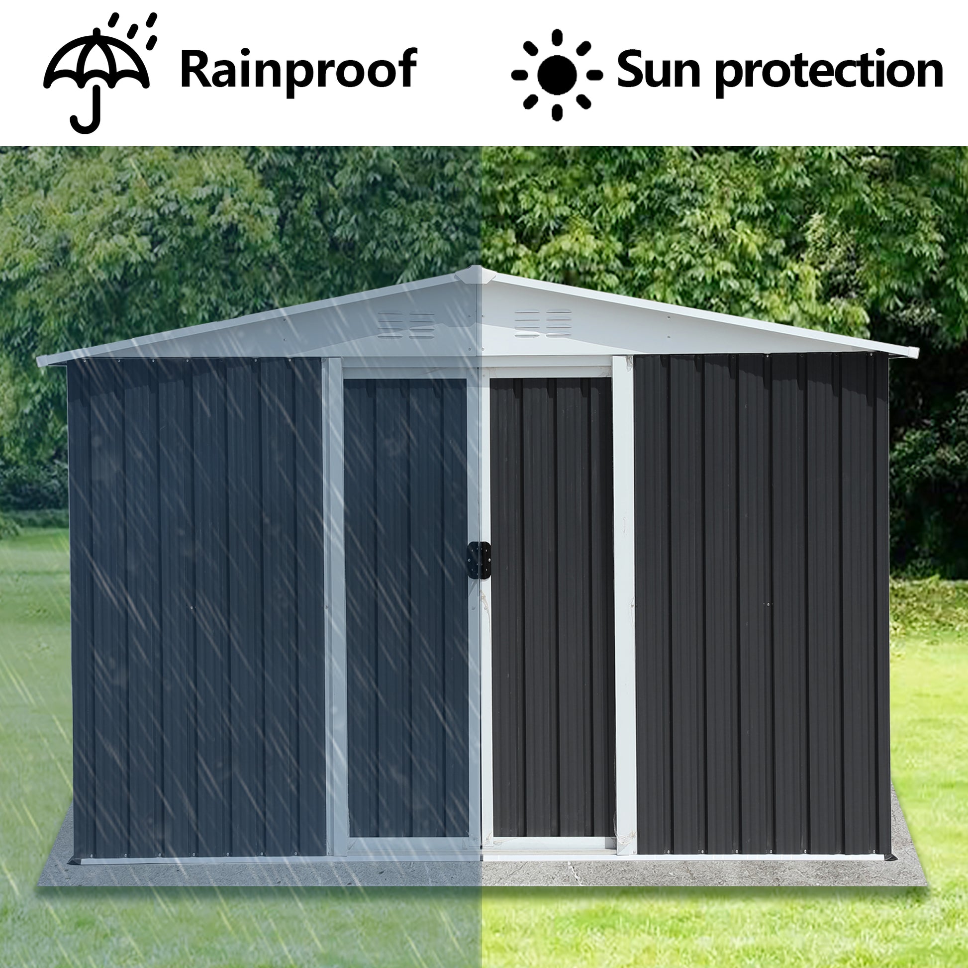 Dark gray metal garden shed with double doors rainproof protection