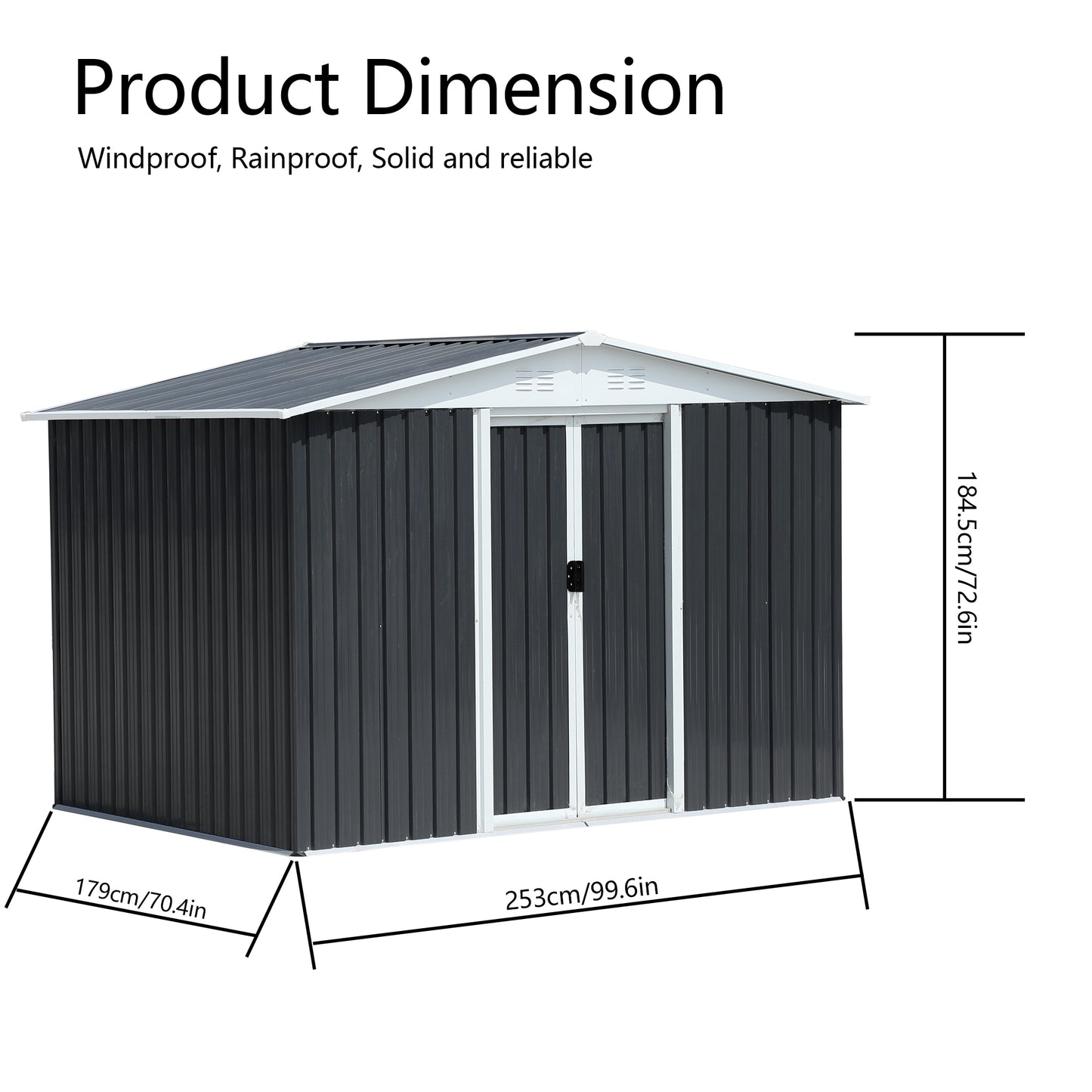 Dark grey metal garden shed with double doors and dimensions indicated xxcm
