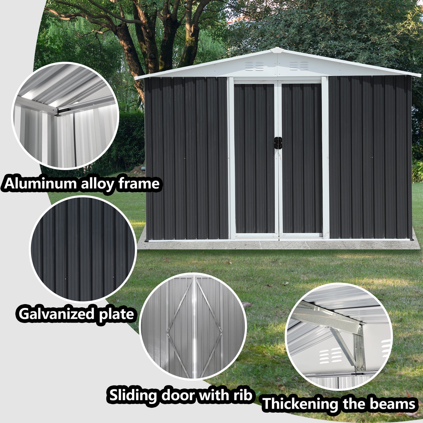 Dark gray outdoor storage shed with white trim and double doors on a concrete base