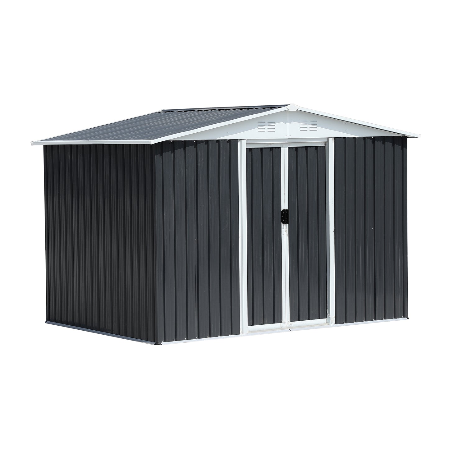 Dark grey metal garden shed with double doors and a pitched roof