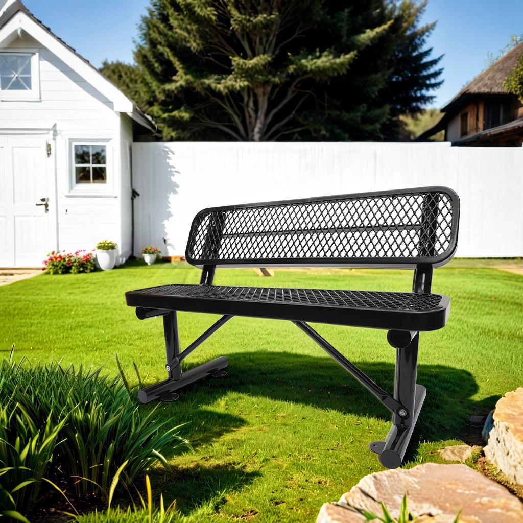Black diamondmesh park bench with durable steel frame perfect for outdoor seating
