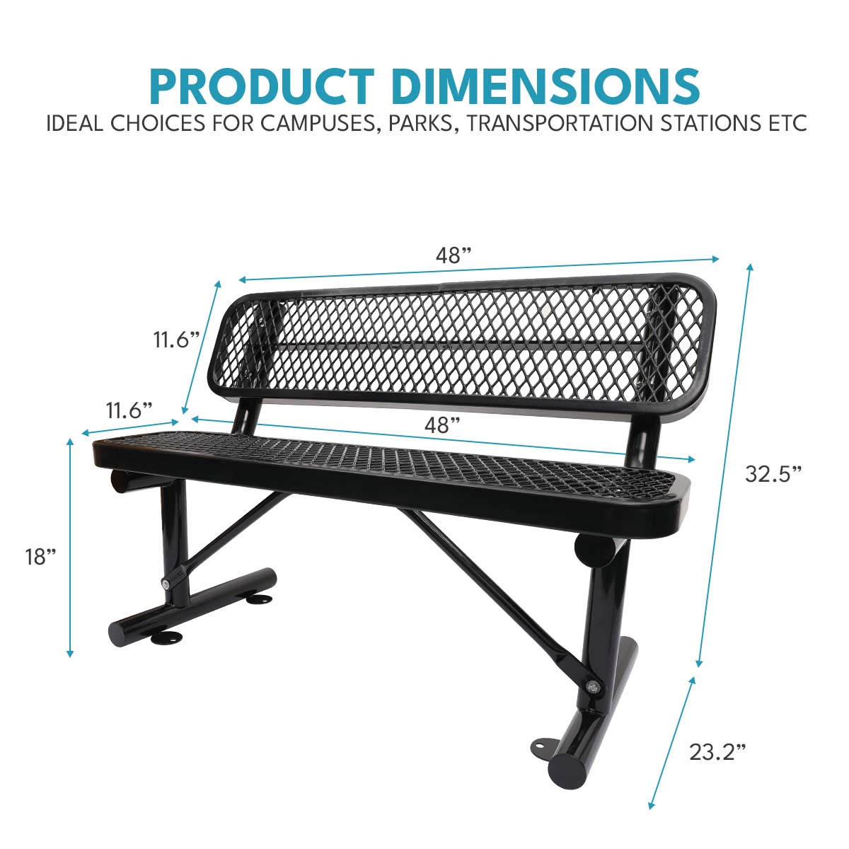 Black metal park bench with detailed dimensions and mesh design