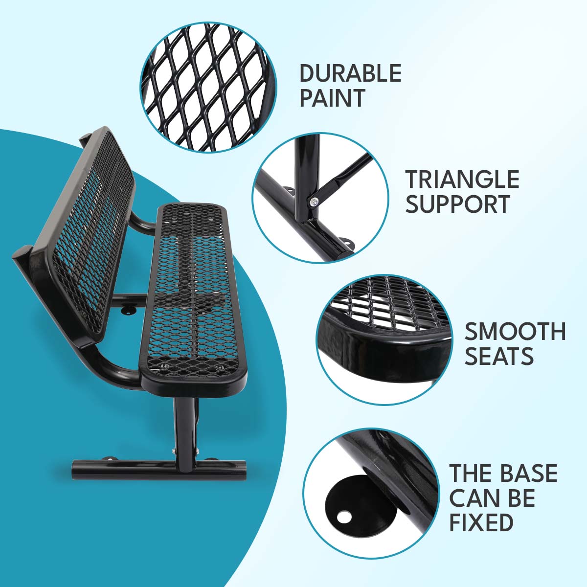 Black metal park bench with diamondshaped mesh seating and backrest for outdoor use
