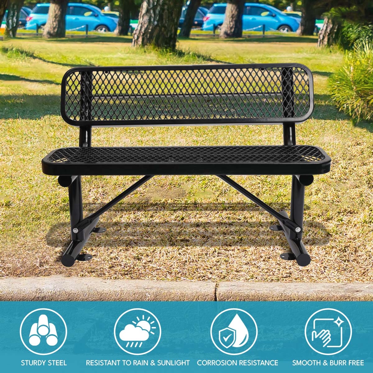 Black metal diamond mesh park bench with sturdy steel frame
