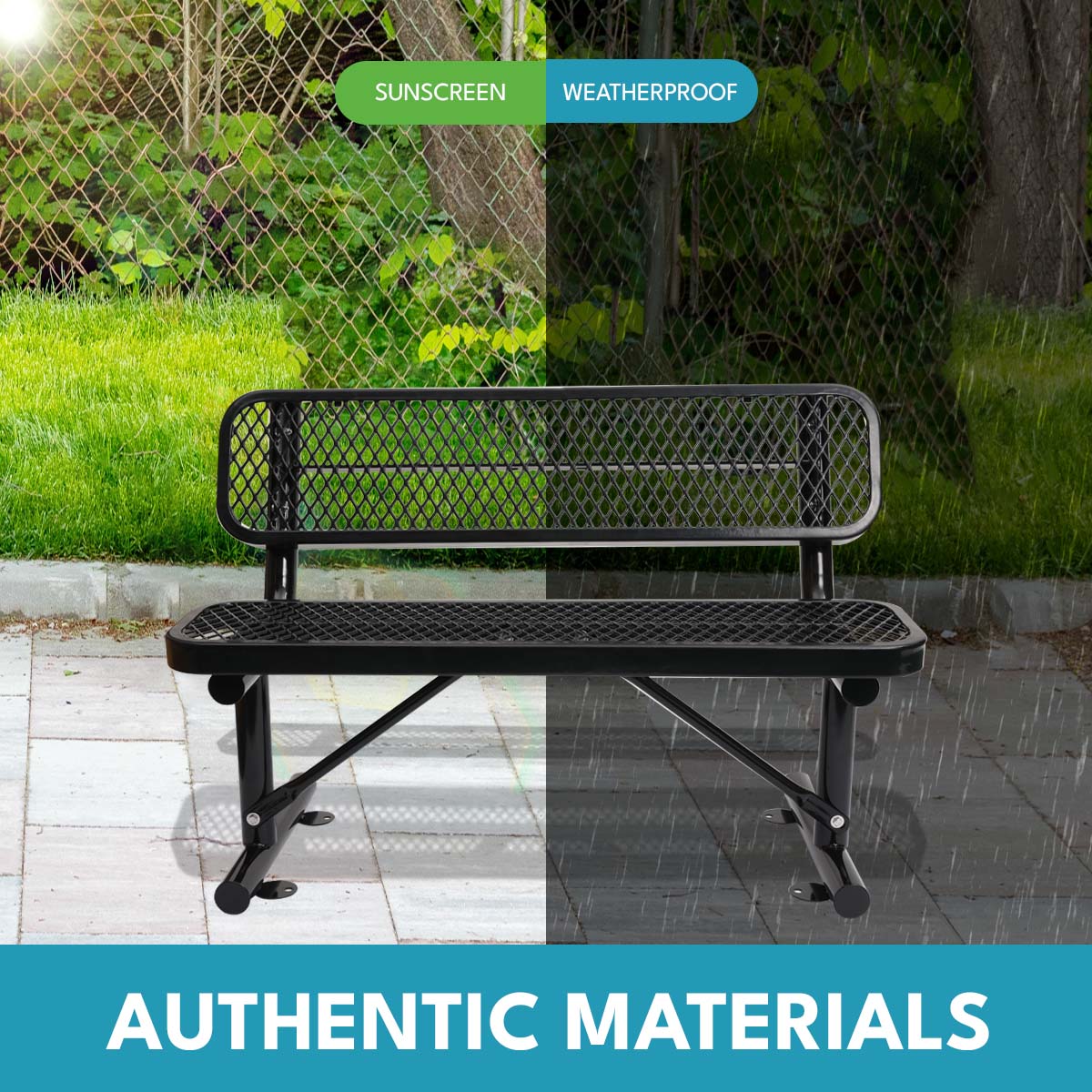 Black metal park bench with diamond perforated design and sturdy frame