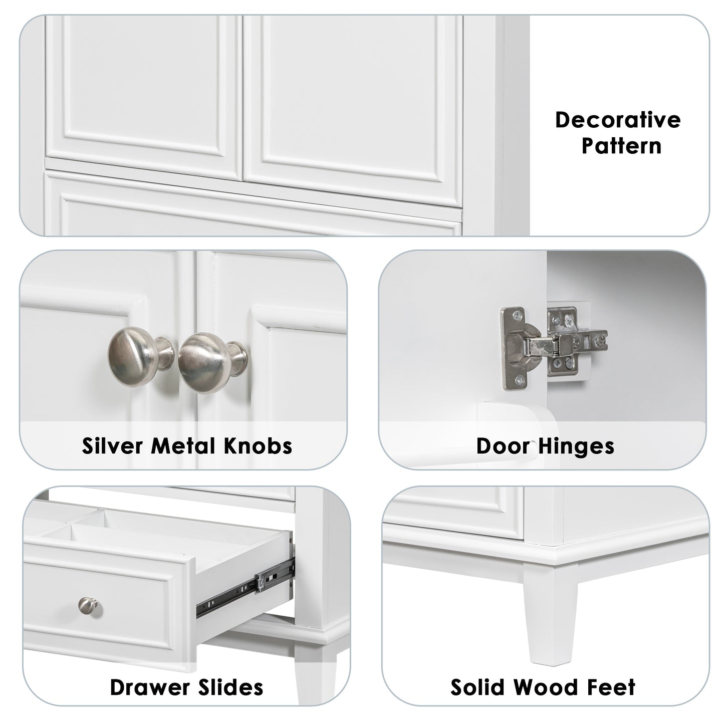 Closeup of white cabinet with decorative recessed panel doors and drawers
