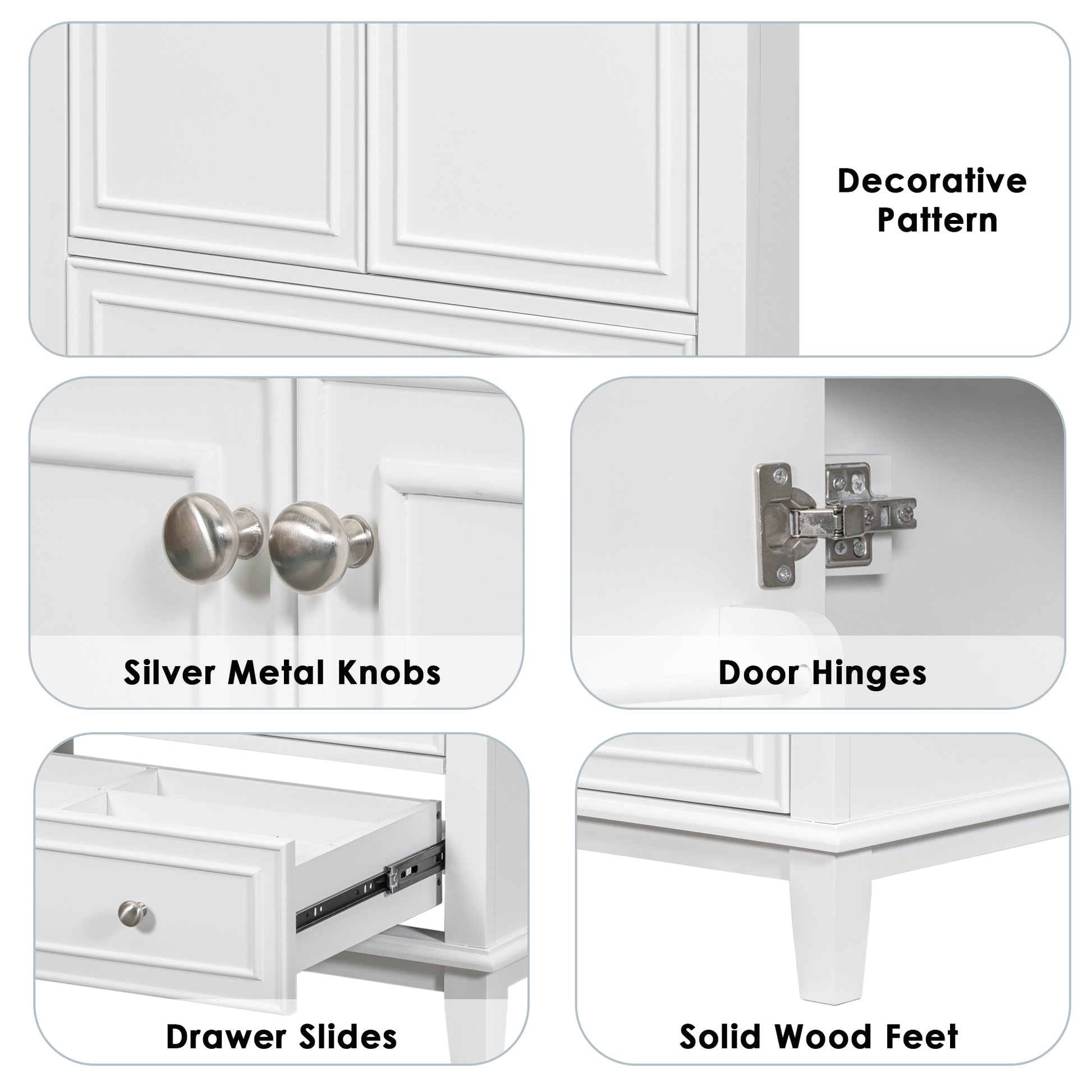 Closeup of white cabinet with decorative recessed panel doors and drawers