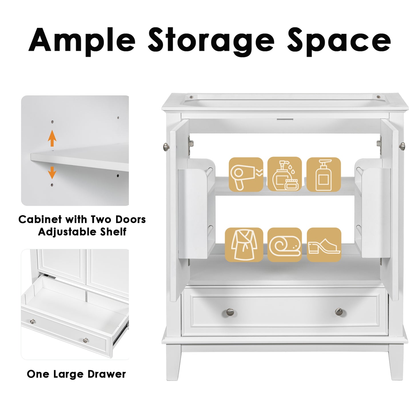 White bathroom vanity with ample storage two doors and adjustable shelf