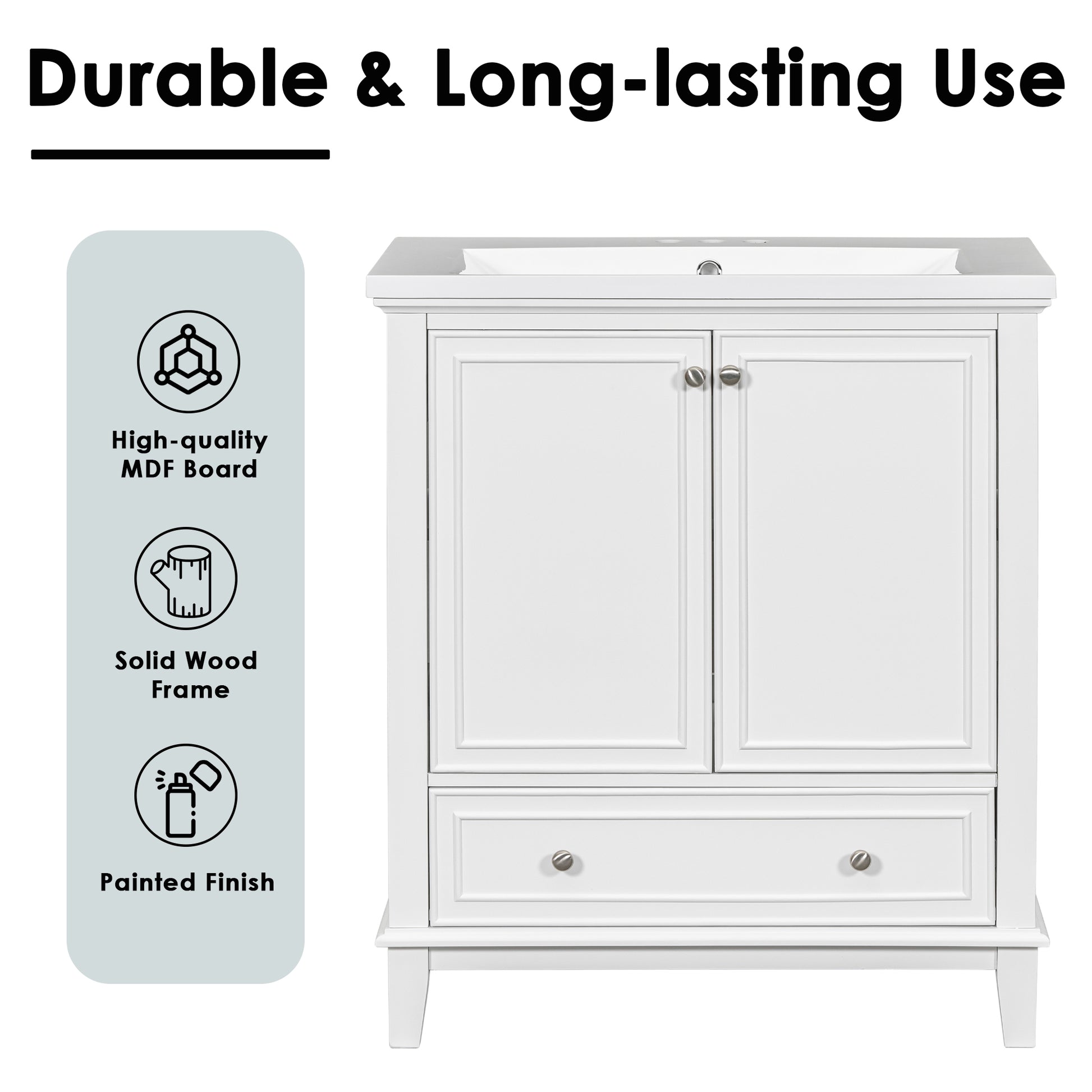 White bathroom vanity with double doors and a drawer featuring brushed nickel hardware