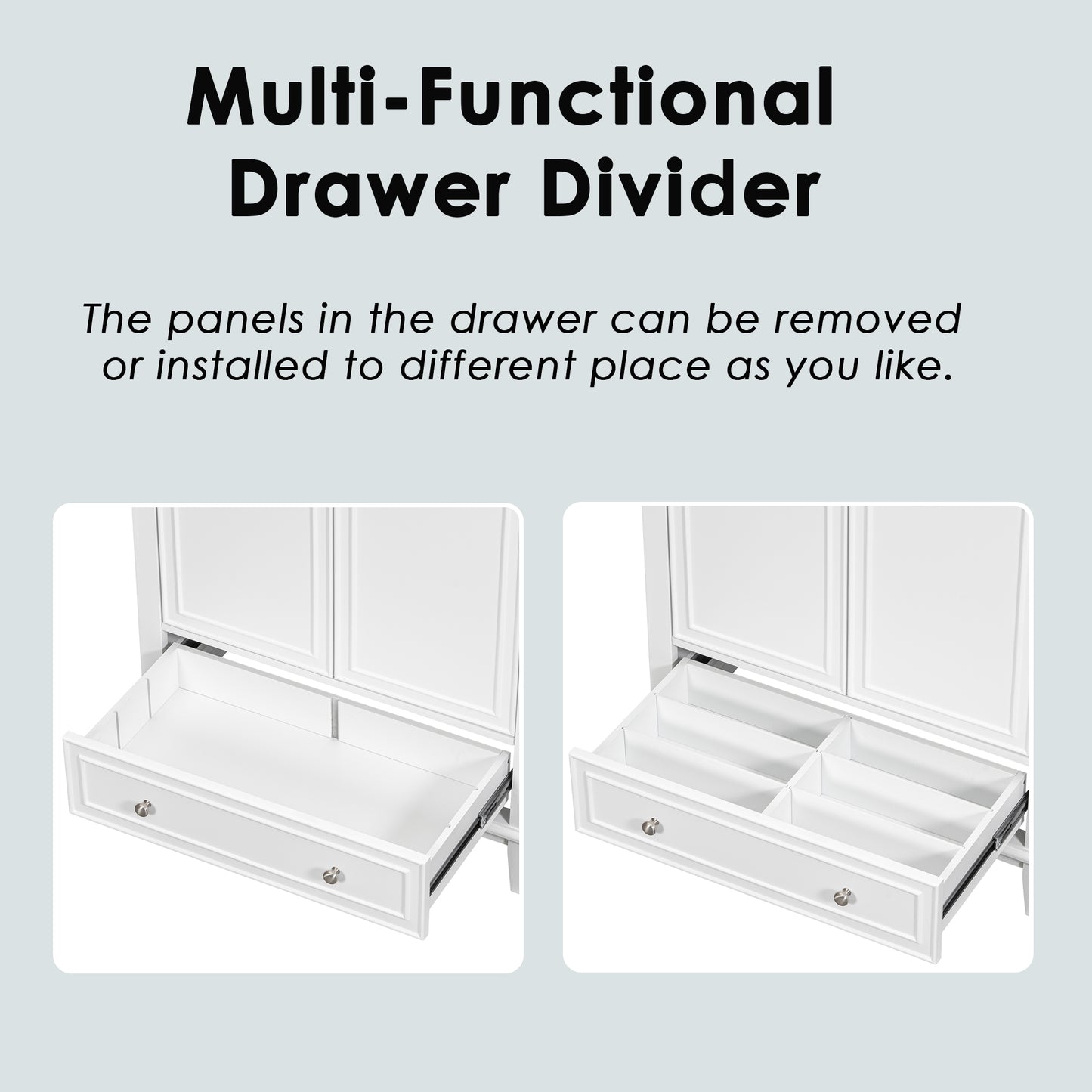 White multifunctional drawer divider showcasing customizable compartment configurations for organized storage