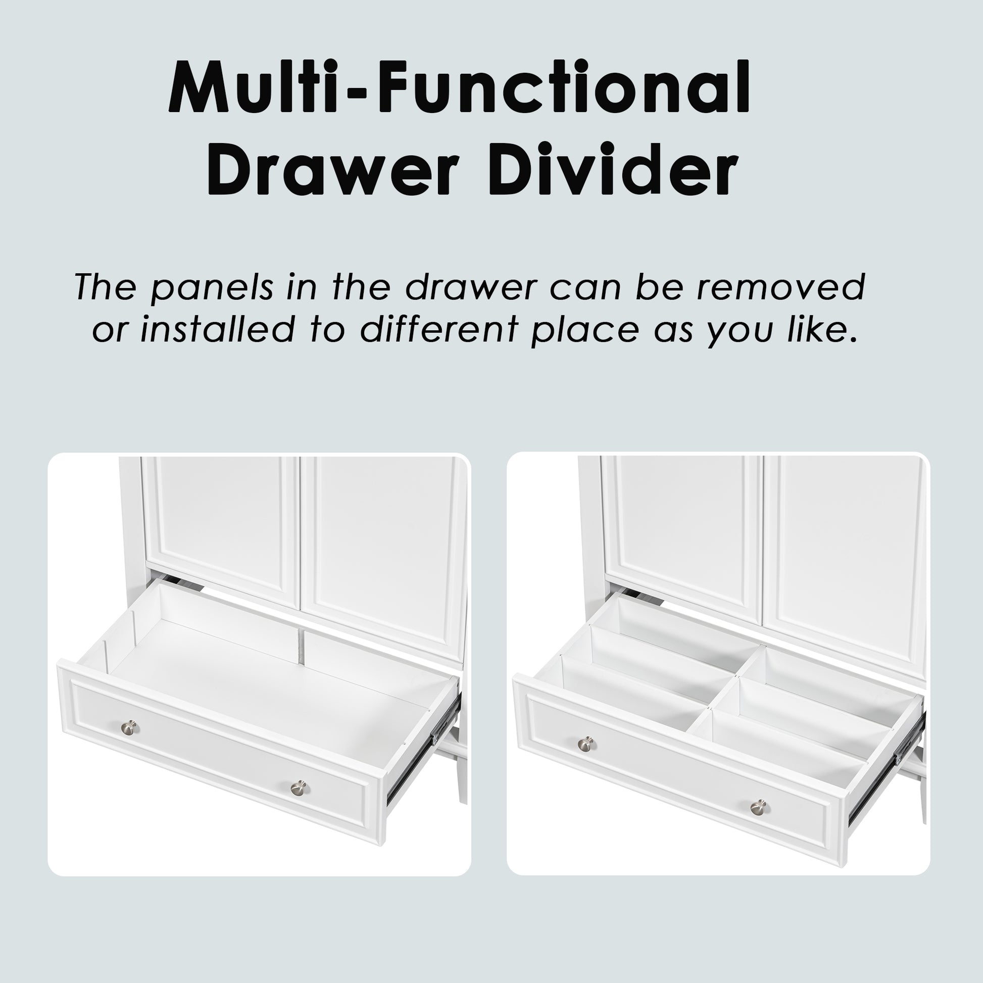 White multifunctional drawer divider showcasing customizable compartment configurations for organized storage