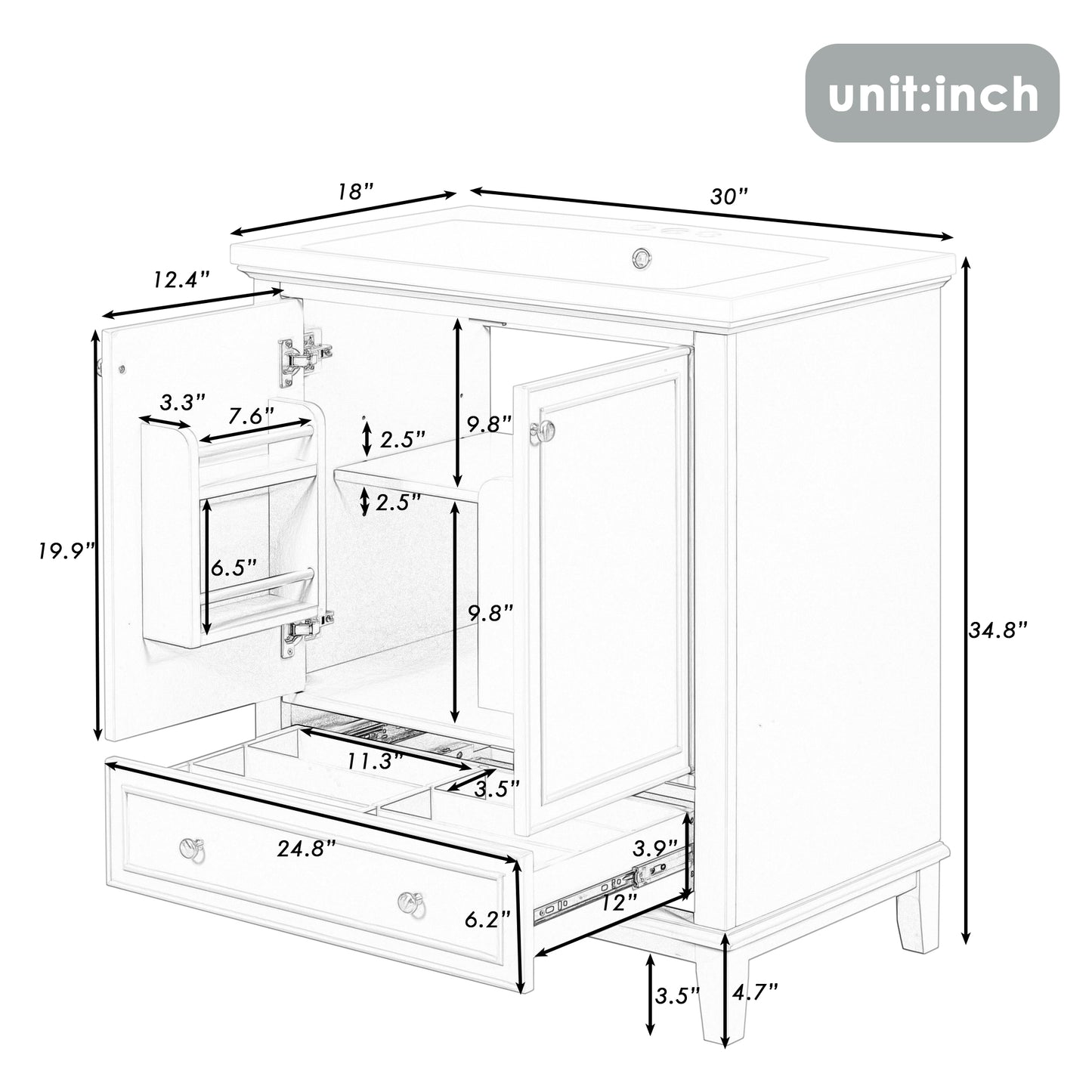 inch bathroom vanity dimensions showing interior storage and drawer details