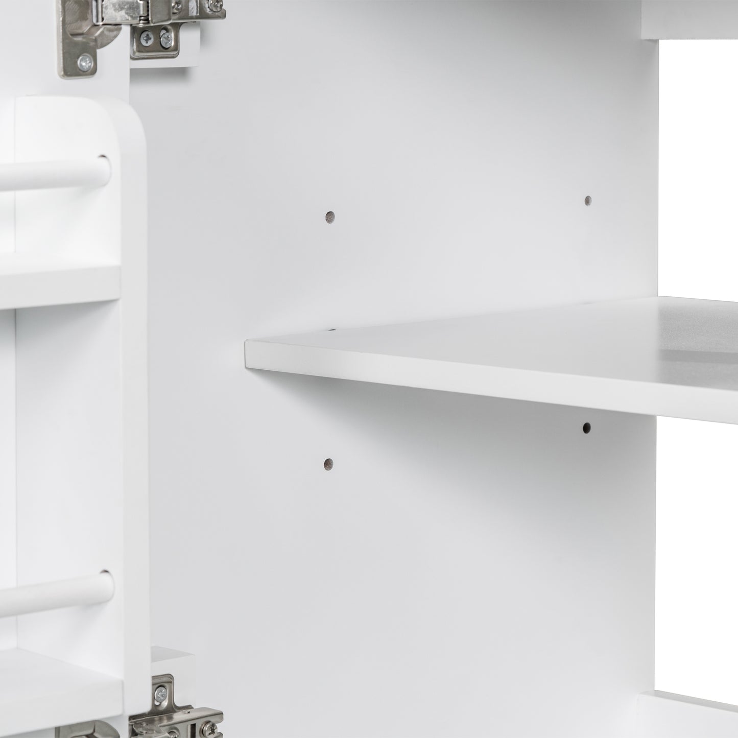 White particleboard shelving unit with silver metal hinges on left side