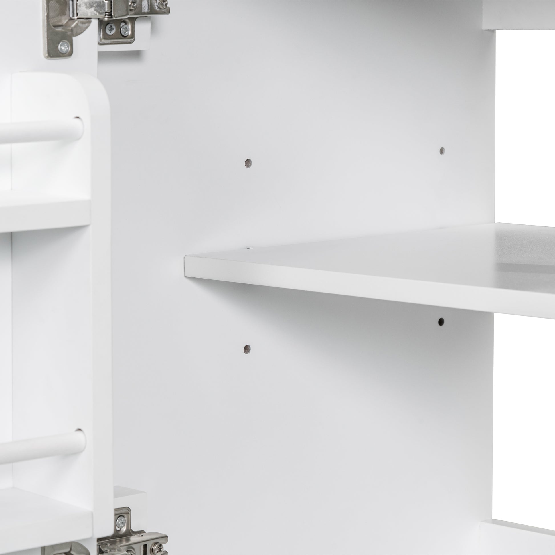 White particleboard shelving unit with silver metal hinges on left side