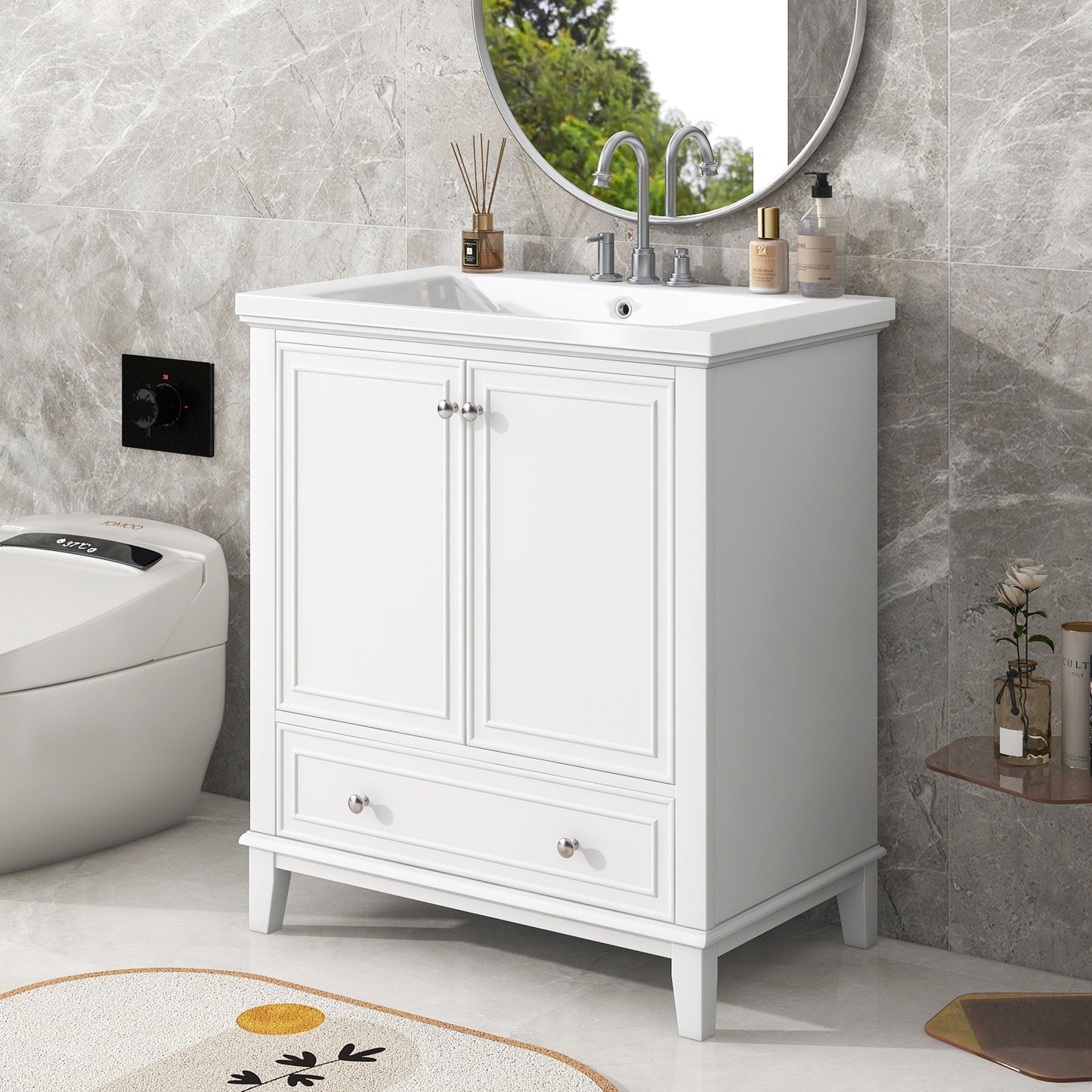 Elegant white wood bathroom vanity with two cabinet doors and a drawer
