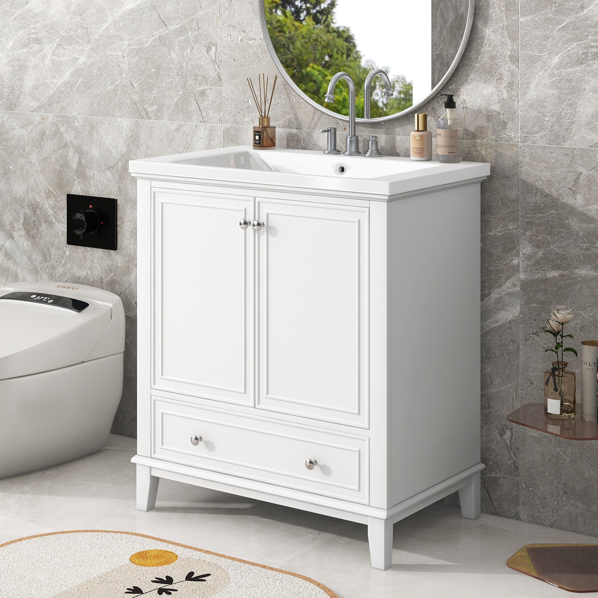 Elegant white wood bathroom vanity with two cabinet doors and a drawer