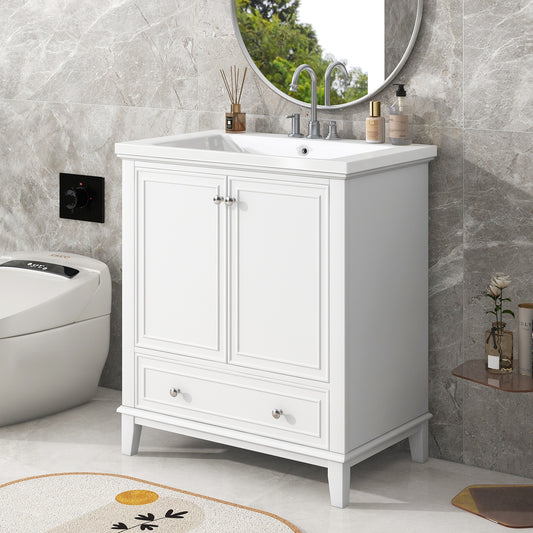 Elegant white wood bathroom vanity with two cabinet doors and a drawer