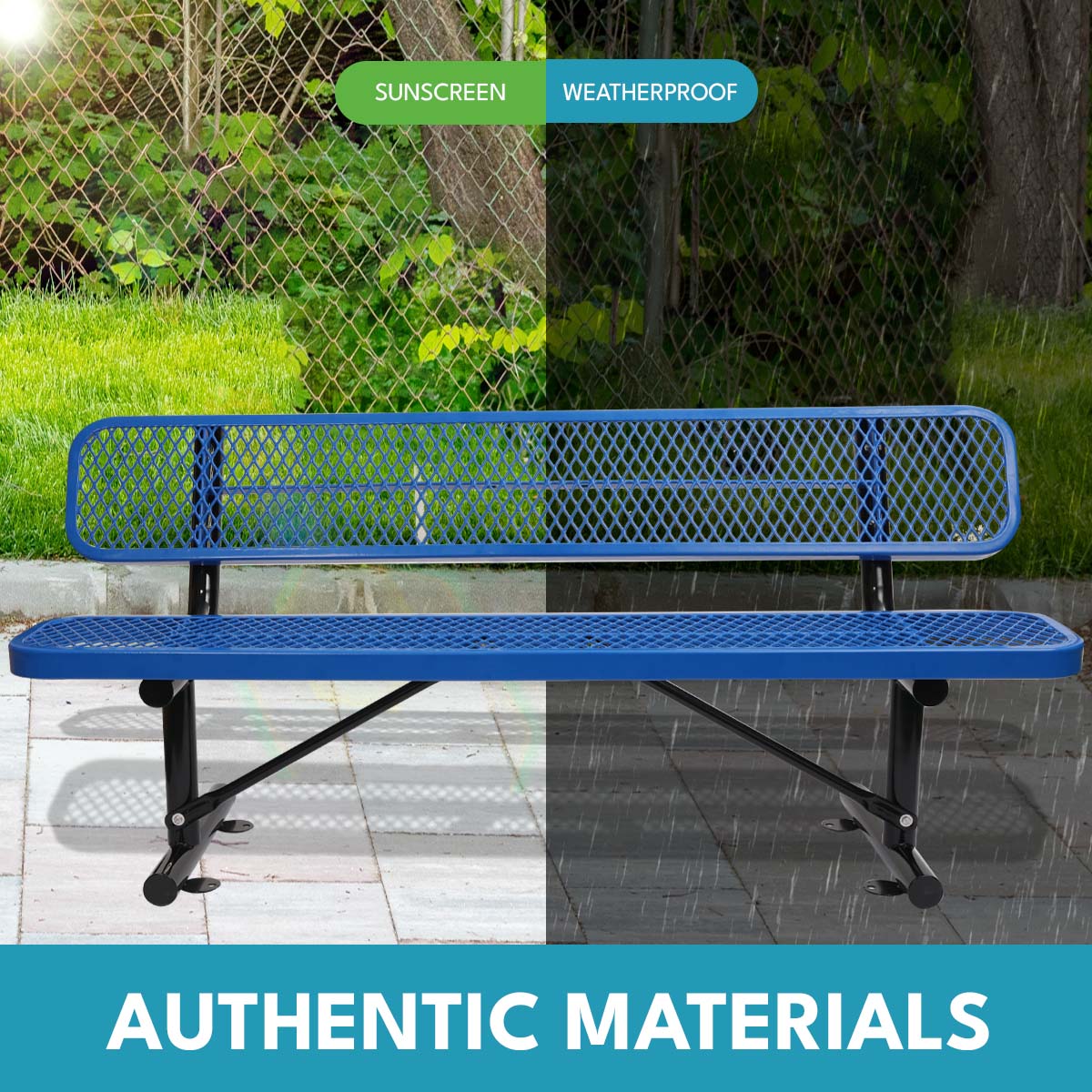 Blue diamondpatterned metal park bench with black frame ideal for outdoor seating