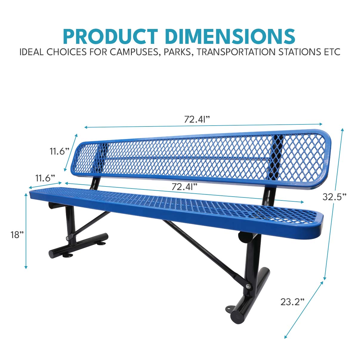 Blue perforated metal park bench  inches long with black metal legs