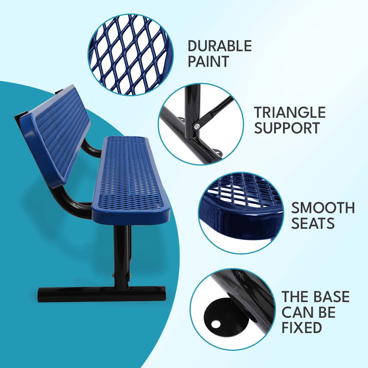 Blue metal park bench with diamond perforation for outdoor seating