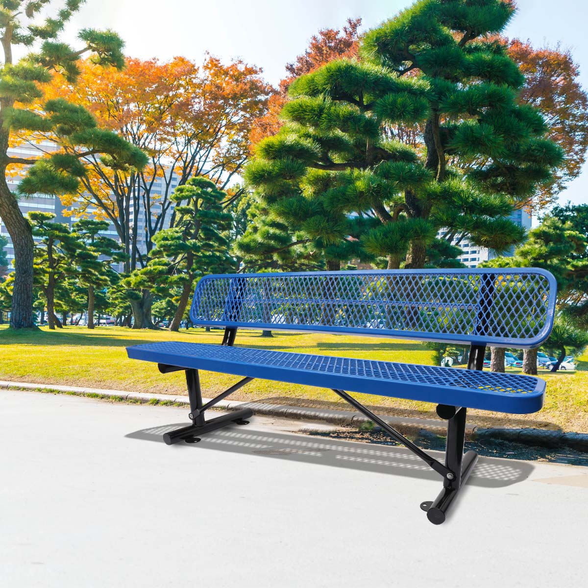 Blue diamond mesh park bench with black metal legs ideal for outdoor seating