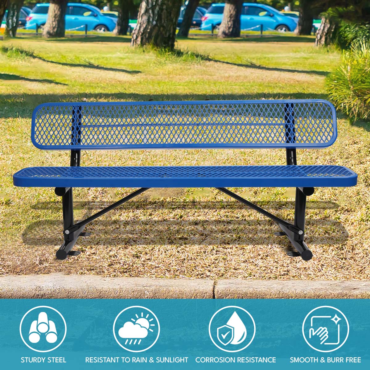 Blue diamondpatterned metal park bench with black steel legs on a grass and curb