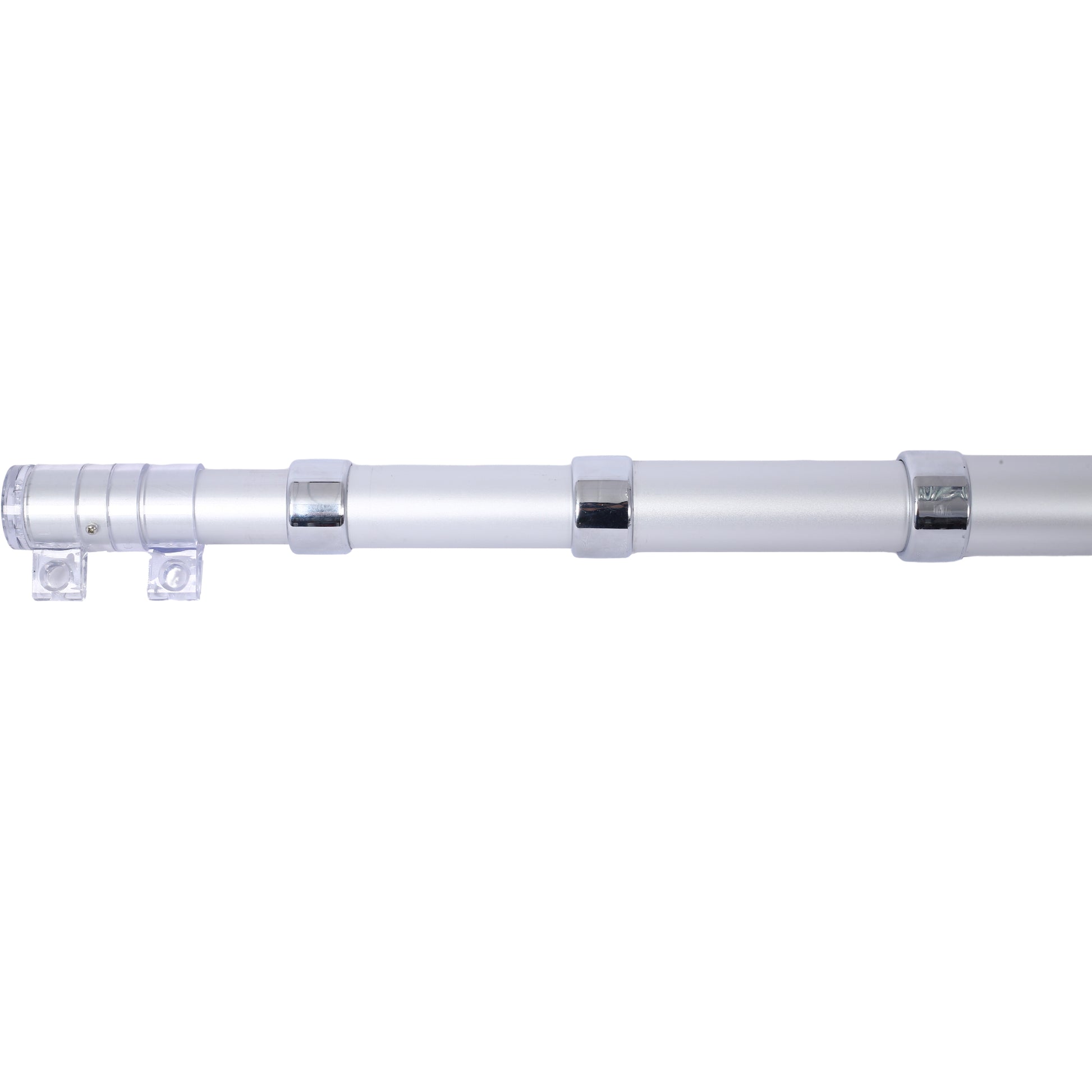Silver aluminum shower curtain rod with clear plastic brackets and chrome accents