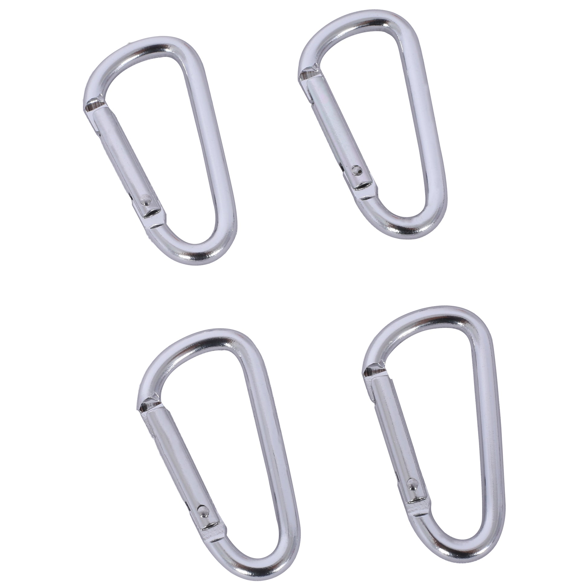 Four silver aluminum carabiner clips with springloaded gates for easy attachment and secure fastening