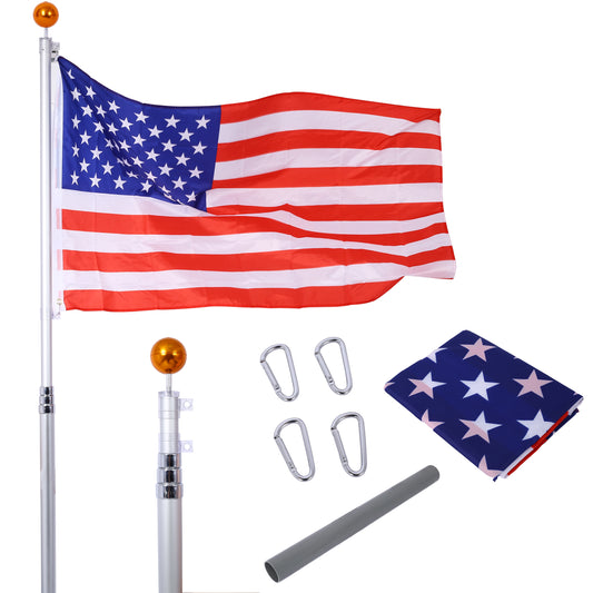 Waving American flag on silver telescoping flagpole with gold finial and accessories