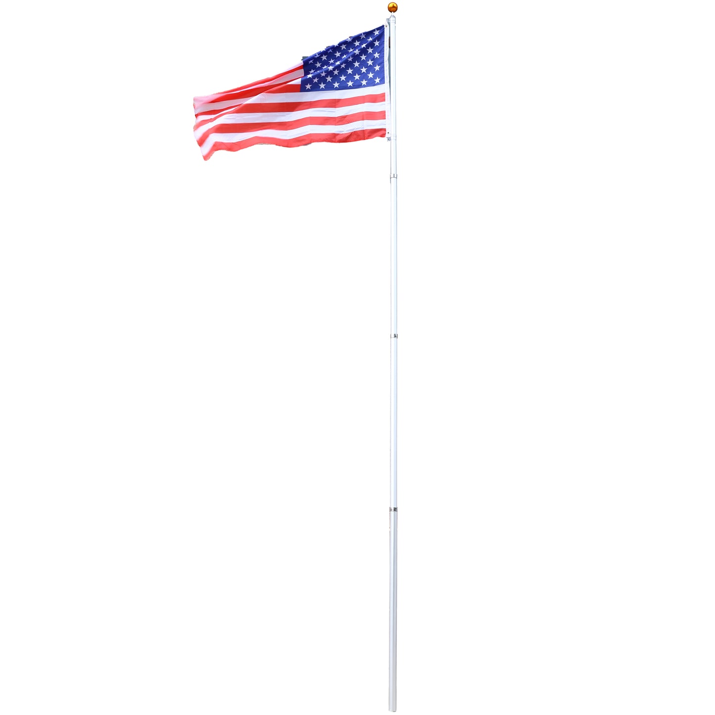American flag waving on a telescoping flagpole with gold finial against white background
