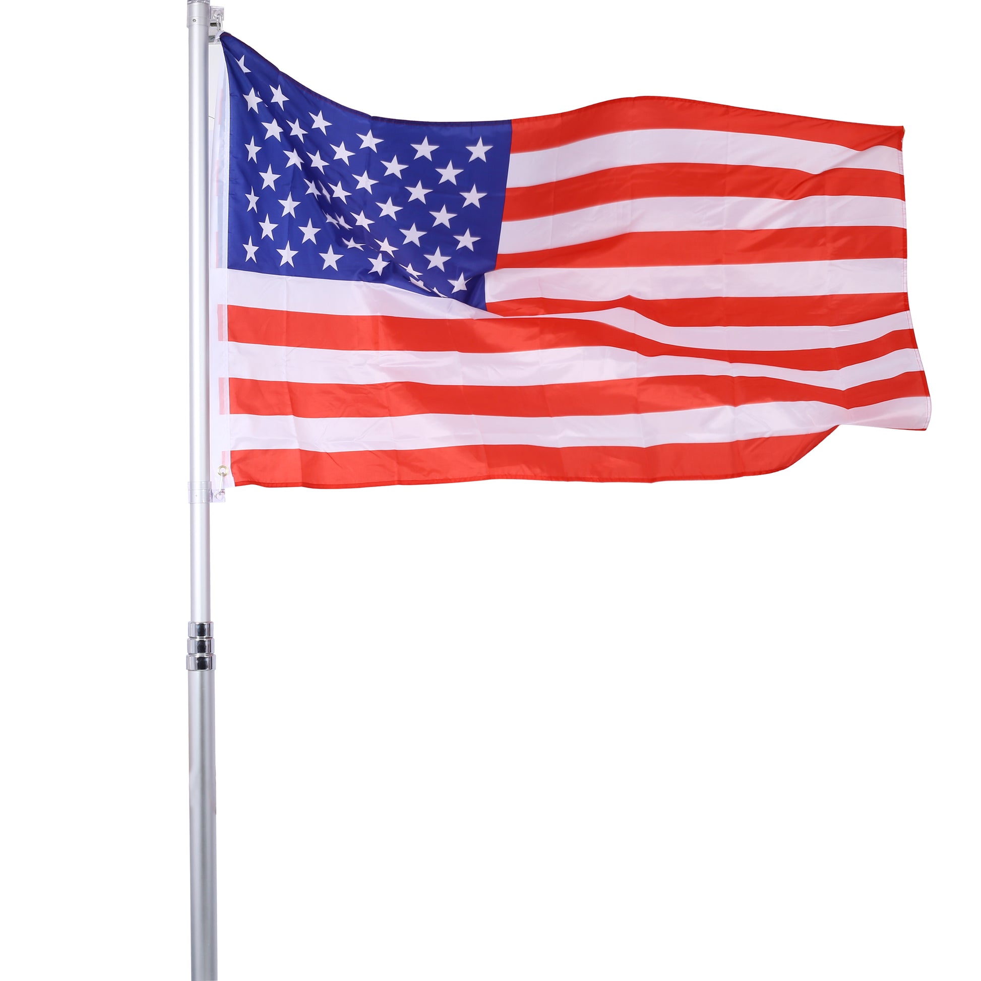 Waving American flag with stars and stripes on a silver flagpole