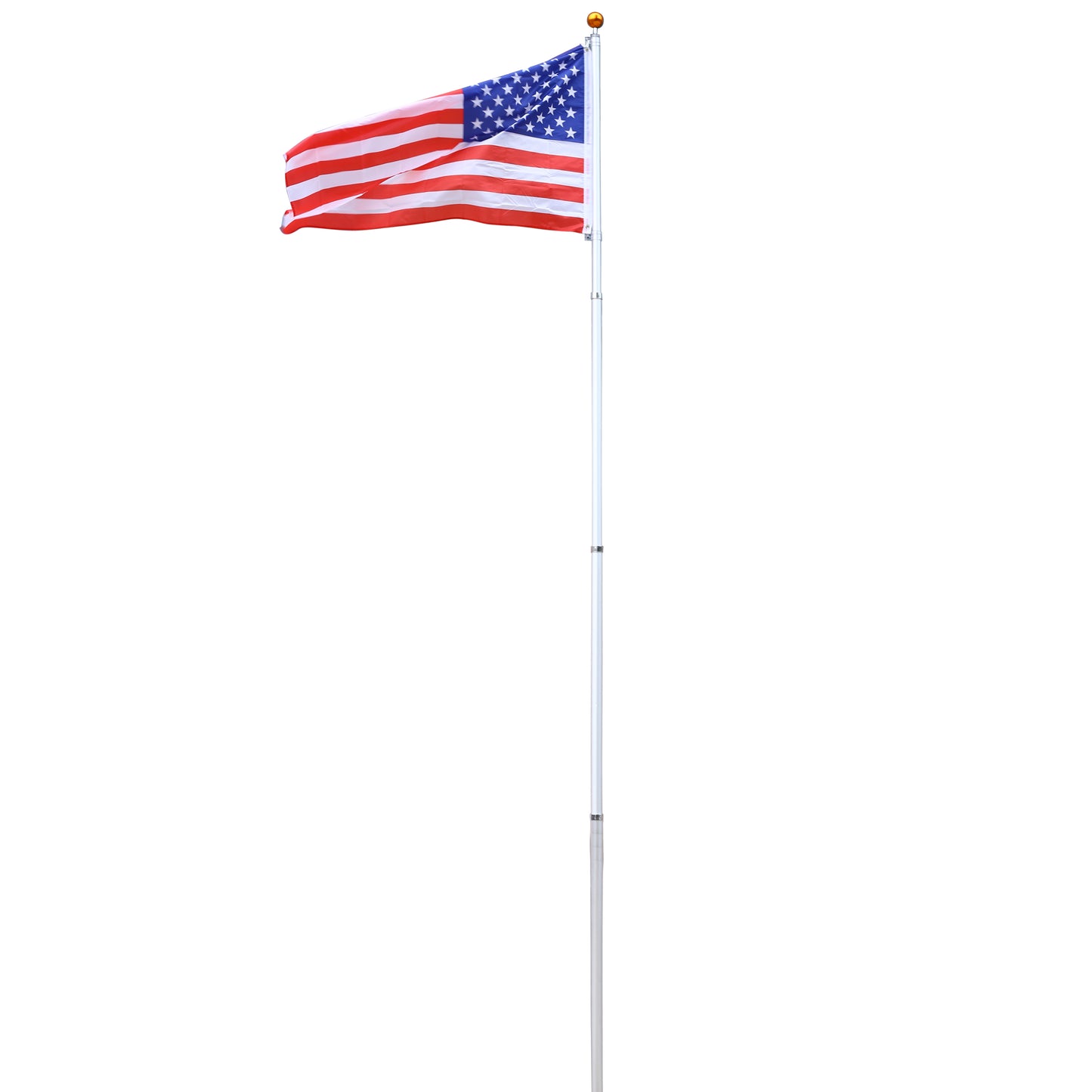 American flag with stars and stripes waving from a telescopic flagpole on a white background