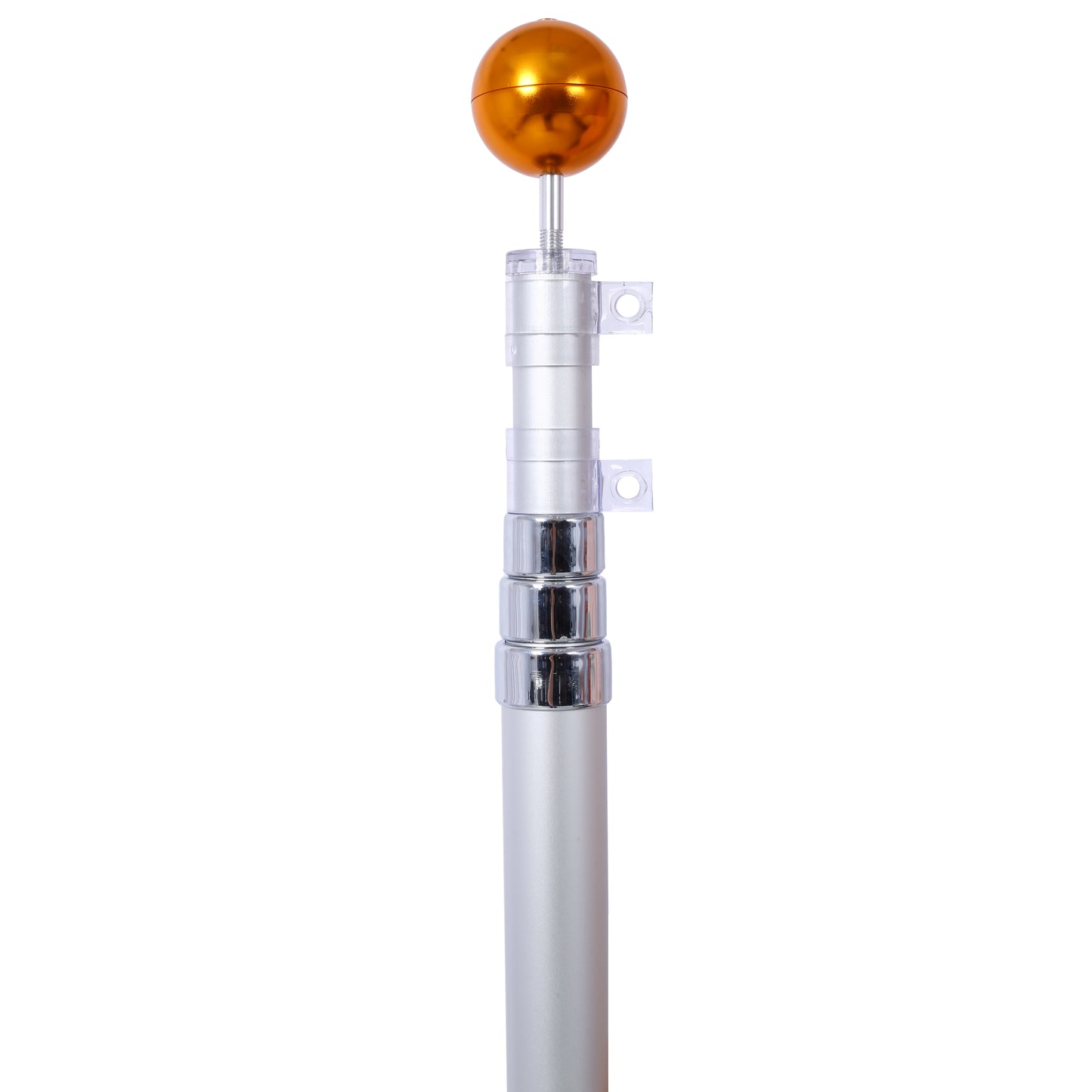 Silver telescoping flagpole with gold finial and clear bracket clips